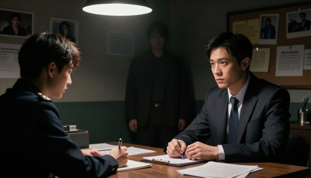 A dramatic scene depicting the essence of a crime thriller unfolding in a dimly lit interrogation room. In the foreground, a figure dressed in a formal suit and tie, with a focused expression, sits across the table from a detective, who is scribbling notes. The detective, also dressed in professional attire, emanates an air of intrigue and tension. In the middle ground, a shadowy figure, partially obscured by darkness, hints at secrets and hidden motives, while scattered papers and a flickering overhead light add to the suspenseful atmosphere. In the background, faded photographs and a bulletin board filled with clues create a sense of mystery. The lighting should be low and moody, emphasizing the seriousness and depth of the scene, captured from a slightly low angle for dramatic effect. A dramatic scene depicting the essence of a crime thriller unfolding in a dimly lit interrogation room. In the foreground, a figure dressed in a formal suit and tie, with a focused expression, sits across the table from a detective, who is scribbling notes. The detective, also dressed in professional attire, emanates an air of intrigue and tension. In the middle ground, a shadowy figure, partially obscured by darkness, hints at secrets and hidden motives, while scattered papers and a flickering overhead light add to the suspenseful atmosphere. In the background, faded photographs and a bulletin board filled with clues create a sense of mystery. The lighting should be low and moody, emphasizing the seriousness and depth of the scene, captured from a slightly low angle for dramatic effect.
