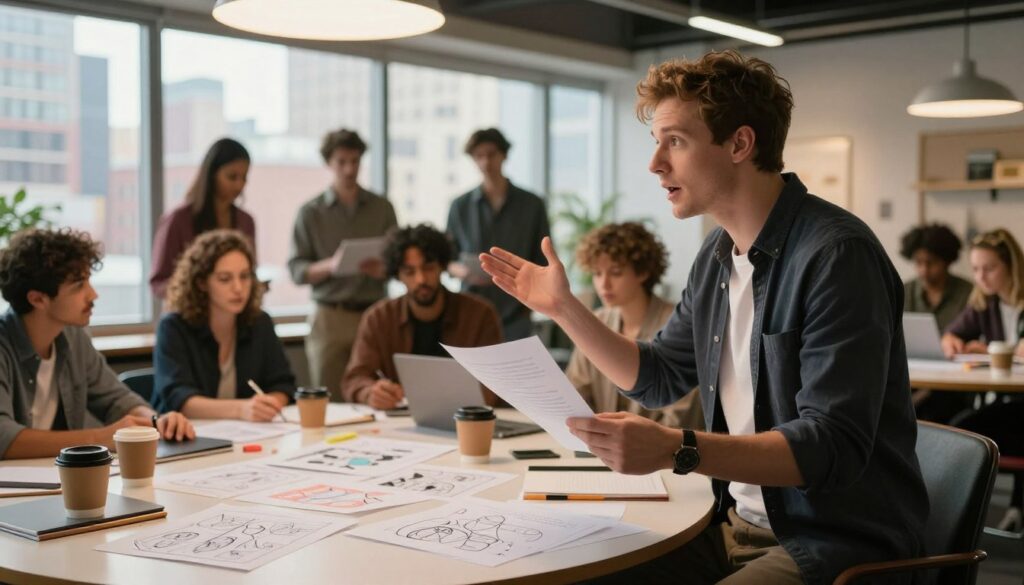 A dynamic and creative workspace filled with diverse individuals collaborating on a new television series. In the foreground, a focused producer with short hair, dressed in smart casual attire, passionately discusses ideas with a script in hand. The middle ground features a round table cluttered with storyboards, coffee cups, and writing materials, hinting at the brainstorming process. In the background, large windows reveal a vibrant cityscape, infused with warm, natural light. Soft overhead lighting creates a relaxed yet inspiring atmosphere. The overall mood is one of excitement and creativity, capturing the essence of the artistic journey behind a new production. A dynamic and creative workspace filled with diverse individuals collaborating on a new television series. In the foreground, a focused producer with short hair, dressed in smart casual attire, passionately discusses ideas with a script in hand. The middle ground features a round table cluttered with storyboards, coffee cups, and writing materials, hinting at the brainstorming process. In the background, large windows reveal a vibrant cityscape, infused with warm, natural light. Soft overhead lighting creates a relaxed yet inspiring atmosphere. The overall mood is one of excitement and creativity, capturing the essence of the artistic journey behind a new production.