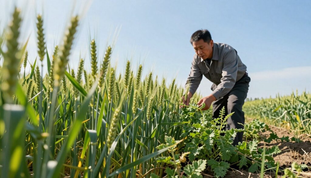 A lush agricultural field in the foreground, showcasing vibrant green wheat shoots alongside invasive weeds visibly competing for resources. In the middle ground, a farmer in professional attire assesses the crops, examining the contrast between the healthy plants and the encroaching weeds. The background depicts a clear blue sky with sunlight illuminating the scene, casting soft shadows on the ground. The atmosphere feels tense yet hopeful, highlighting the challenges of pest management. The composition is captured from a slightly elevated angle, creating a sense of depth that draws the viewer's eye to the struggle between the wheat and weeds. Use natural lighting to enhance the vivid colors of the plants and the farmer’s focused expression.