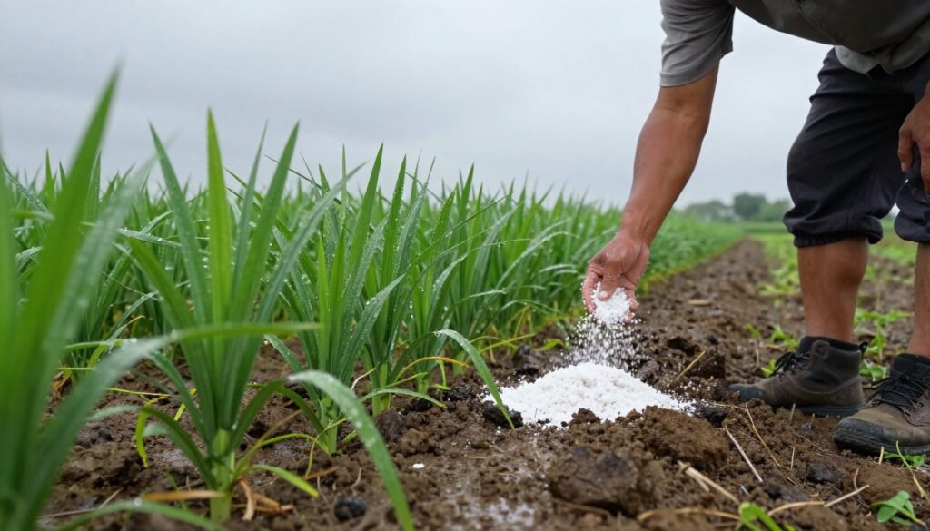 A lush agricultural field with wet soil, depicting the process of liming soil. In the foreground, a farmer in modest casual clothing is carefully spreading granules of lime over the moist earth, with a focus on the interaction between the lime and the soil. In the middle ground, rows of green crops can be seen, their leaves glistening with moisture, highlighting the contrast between the lime and the wet grains. The background features a cloudy sky, suggesting recent rainfall, enhancing the atmosphere of a humid farming environment. The lighting is soft and diffused, creating a serene yet productive ambiance, captured from a low angle to emphasize the farmer's actions and the lush crops.