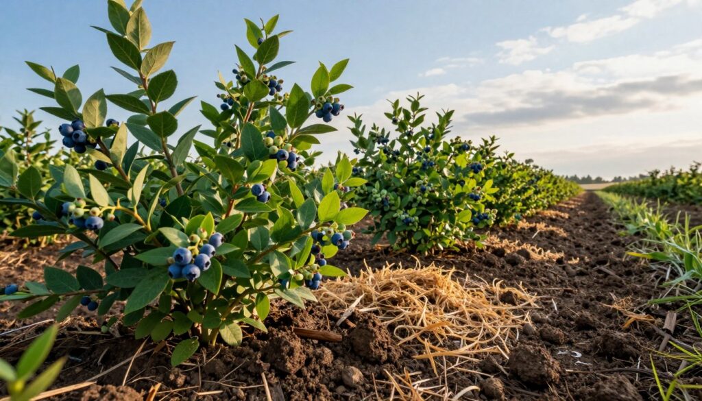 A lush blueberry field in early morning light, captured from a low angle to emphasize the rich, organic soil. In the foreground, vibrant green blueberry bushes brimming with healthy, ripe berries contrast with dark, moist earth, hinting at ideal conditions for growth. The middle ground features a mix of organic compost and mulch, showcasing a careful balance of organic matter in the soil. The background highlights a gentle slope with a clear blue sky and soft, diffused sunlight filtering through thin clouds. The atmosphere is calm and serene, conveying the nurturing environment essential for blueberry cultivation, showcasing the right soil pH and moisture levels for optimum fruit production. A lush blueberry field in early morning light, captured from a low angle to emphasize the rich, organic soil. In the foreground, vibrant green blueberry bushes brimming with healthy, ripe berries contrast with dark, moist earth, hinting at ideal conditions for growth. The middle ground features a mix of organic compost and mulch, showcasing a careful balance of organic matter in the soil. The background highlights a gentle slope with a clear blue sky and soft, diffused sunlight filtering through thin clouds. The atmosphere is calm and serene, conveying the nurturing environment essential for blueberry cultivation, showcasing the right soil pH and moisture levels for optimum fruit production.