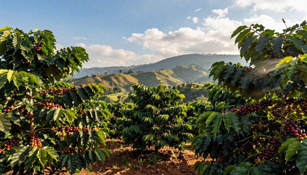 A lush coffee plantation set in a tropical climate, illustrating the ideal growing conditions for coffee plants. In the foreground, vibrant green coffee trees loaded with ripe cherries, showcasing their glossy leaves. The middle ground features rolling hills under a clear blue sky with soft, diffused sunlight filtering through scattered clouds, highlighting the rich, fertile soil. A gentle breeze stirs, creating a serene atmosphere, while a distant mountain range adds depth to the background. The lighting should evoke a warm, inviting mood, enhancing the natural beauty of this agricultural paradise. The scene captures the essence of optimal temperature, humidity, and altitude needed for successful coffee cultivation.