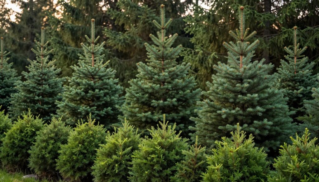 A lush, dense forest scene featuring a variety of common spruce trees (Picea abies), showcasing their conical shape and dark green needles. In the foreground, vibrant green spruce saplings planted closely together, illustrating ideal spacing for a healthy hedge. In the middle ground, a few taller, mature spruce trees, providing a sense of depth and scale. The background features soft, blurred silhouettes of additional evergreens, with dappled sunlight filtering through the branches, creating a serene and inviting atmosphere. The image is captured from a low angle, emphasizing the height and grandeur of the trees, with a gentle warm light suggesting a late afternoon, enhancing the natural beauty and tranquility of the scene. A lush, dense forest scene featuring a variety of common spruce trees (Picea abies), showcasing their conical shape and dark green needles. In the foreground, vibrant green spruce saplings planted closely together, illustrating ideal spacing for a healthy hedge. In the middle ground, a few taller, mature spruce trees, providing a sense of depth and scale. The background features soft, blurred silhouettes of additional evergreens, with dappled sunlight filtering through the branches, creating a serene and inviting atmosphere. The image is captured from a low angle, emphasizing the height and grandeur of the trees, with a gentle warm light suggesting a late afternoon, enhancing the natural beauty and tranquility of the scene.