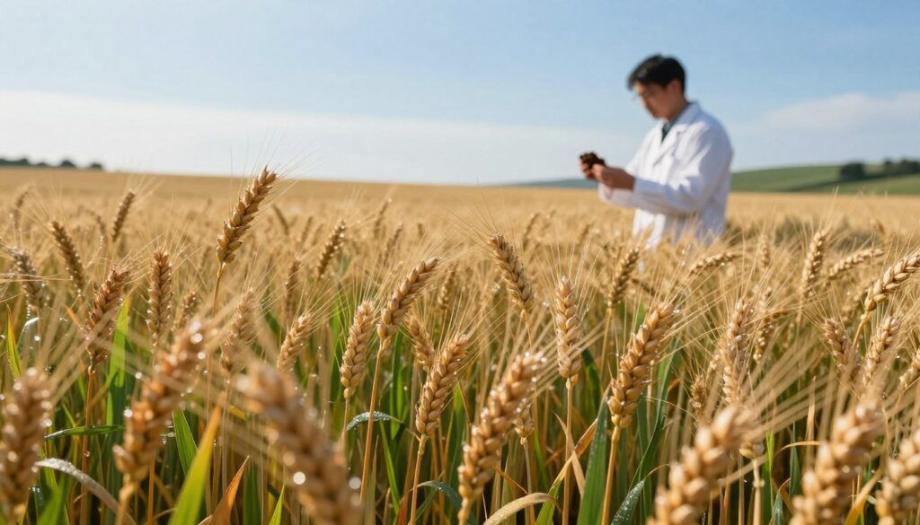 A lush field of golden wheat swaying gently in the breeze, dotted with vibrant green patches indicative of healthy sulfur-treated crops. In the foreground, close-up details of the wheat ears reveal glistening droplets of dew catching the morning sunlight. In the middle ground, a scientist in modest casual clothing examines a soil sample, illustrating the importance of sulfur in crop cultivation. The background features a clear blue sky and distant hills, conveying a sense of peace and agricultural abundance. The lighting is warm and inviting, enhancing the natural colors of the scene. The overall atmosphere is one of vitality and growth, highlighting the essential role of sulfur in enhancing wheat yield and grain quality. A lush field of golden wheat swaying gently in the breeze, dotted with vibrant green patches indicative of healthy sulfur-treated crops. In the foreground, close-up details of the wheat ears reveal glistening droplets of dew catching the morning sunlight. In the middle ground, a scientist in modest casual clothing examines a soil sample, illustrating the importance of sulfur in crop cultivation. The background features a clear blue sky and distant hills, conveying a sense of peace and agricultural abundance. The lighting is warm and inviting, enhancing the natural colors of the scene. The overall atmosphere is one of vitality and growth, highlighting the essential role of sulfur in enhancing wheat yield and grain quality.