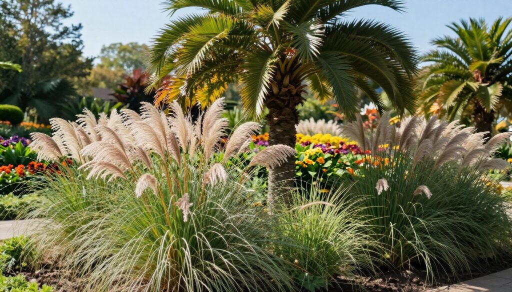 A lush garden scene featuring ornamental grasses in the foreground, showcasing a variety of textures such as fine, feathery plumes and bold, arching leaves. The grasses gently sway in a soft breeze, complementing a centrally positioned, majestic palm maple tree which stands elegantly amidst the greenery. In the middle ground, a vibrant assortment of colorful flowering plants adds richness, while subtle sunlight filters through the leaves, casting dappled shadows on the earth below. The background remains softly blurred, suggesting a serene park setting under a clear blue sky, evoking a peaceful and inviting atmosphere. This harmonious composition illustrates the lightness and movement of ornamental grasses next to the palm maple, emphasizing balance and seasonal interest, especially in winter. A lush garden scene featuring ornamental grasses in the foreground, showcasing a variety of textures such as fine, feathery plumes and bold, arching leaves. The grasses gently sway in a soft breeze, complementing a centrally positioned, majestic palm maple tree which stands elegantly amidst the greenery. In the middle ground, a vibrant assortment of colorful flowering plants adds richness, while subtle sunlight filters through the leaves, casting dappled shadows on the earth below. The background remains softly blurred, suggesting a serene park setting under a clear blue sky, evoking a peaceful and inviting atmosphere. This harmonious composition illustrates the lightness and movement of ornamental grasses next to the palm maple, emphasizing balance and seasonal interest, especially in winter.