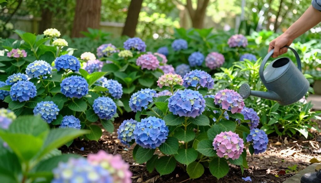 A lush garden scene featuring vibrant blue and pink hydrangeas (hortensji) in full bloom, showcasing their intricate petals and rich greenery. In the foreground, a gardener gently waters the plants with a watering can, exemplifying proper care for healthy growth. The middle ground highlights a variety of hydrangea species, each displaying unique colors and sizes, surrounded by well-maintained soil and organic mulch. In the background, soft sunlight filters through a canopy of trees, casting gentle shadows that enhance the serene atmosphere. The scene captures a tranquil mood, inviting viewers to learn about nurturing these beautiful flowers. Use a shallow depth of field to focus on the hydrangeas, while keeping a slightly blurred background, evoking a peaceful garden setting. A lush garden scene featuring vibrant blue and pink hydrangeas (hortensji) in full bloom, showcasing their intricate petals and rich greenery. In the foreground, a gardener gently waters the plants with a watering can, exemplifying proper care for healthy growth. The middle ground highlights a variety of hydrangea species, each displaying unique colors and sizes, surrounded by well-maintained soil and organic mulch. In the background, soft sunlight filters through a canopy of trees, casting gentle shadows that enhance the serene atmosphere. The scene captures a tranquil mood, inviting viewers to learn about nurturing these beautiful flowers. Use a shallow depth of field to focus on the hydrangeas, while keeping a slightly blurred background, evoking a peaceful garden setting.