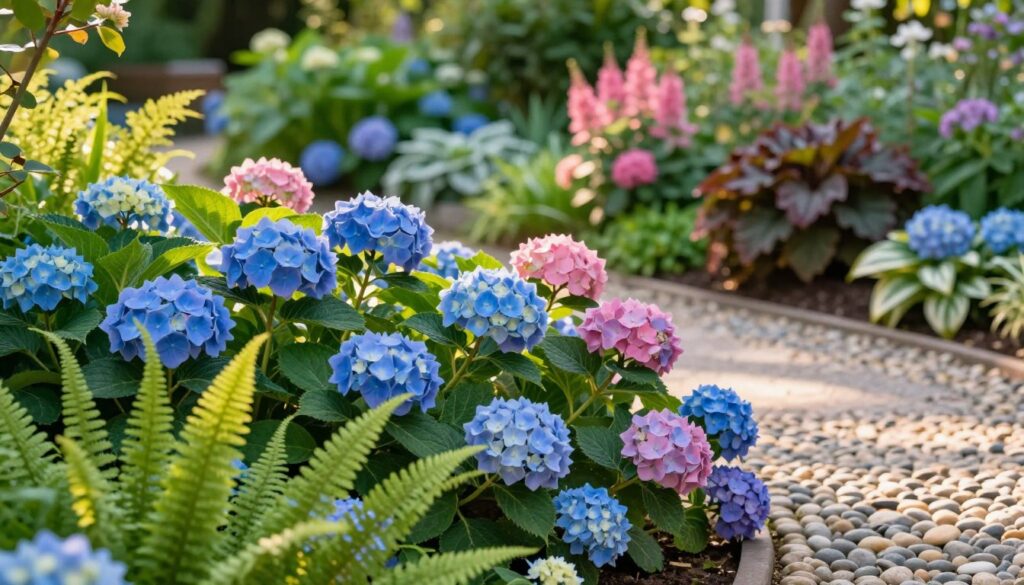 A lush garden scene featuring vibrant hydrangeas in full bloom, showcasing their rich blue and pink hues. In the foreground, delicate, complementary plants such as ferns and hostas intertwine with the hydrangeas, enhancing their beauty while maintaining similar soil pH needs. The middle ground reveals a gently curving garden path with smooth pebbles, guiding the eye through the lush greenery. The background features a softly blurred array of other flowering plants like astilbes and heucheras, providing depth without distraction, all under warm, golden sunlight. The atmosphere is serene and inviting, perfect for a tranquil garden setting, captured with a shallow depth of field for focus on the colorful blooms.
