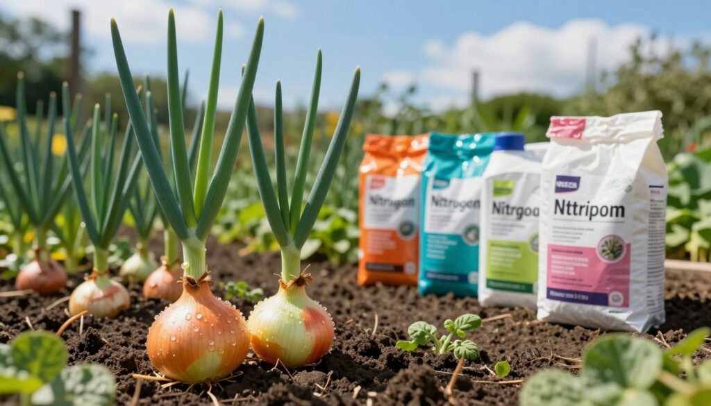 A lush garden scene focused on a vibrant bed of healthy onion plants, showcasing several types of fertilizers arranged artistically next to them. In the foreground, a close-up of a golden onion with droplets of dew clinging to its surface, symbolizing freshness and vitality. The middle ground features colorful fertilizer bags labeled with various nutrients such as nitrogen, phosphorus, and potassium, alongside lush green soil. The background reveals a sunny, serene garden with soft focus, emphasizing a clear blue sky and gentle clouds. Soft, natural lighting highlights the textures of the soil and plants, creating a calm and nurturing atmosphere. The camera angle is slightly elevated, capturing the entire scene while keeping the onions and fertilizers in sharp focus. A lush garden scene focused on a vibrant bed of healthy onion plants, showcasing several types of fertilizers arranged artistically next to them. In the foreground, a close-up of a golden onion with droplets of dew clinging to its surface, symbolizing freshness and vitality. The middle ground features colorful fertilizer bags labeled with various nutrients such as nitrogen, phosphorus, and potassium, alongside lush green soil. The background reveals a sunny, serene garden with soft focus, emphasizing a clear blue sky and gentle clouds. Soft, natural lighting highlights the textures of the soil and plants, creating a calm and nurturing atmosphere. The camera angle is slightly elevated, capturing the entire scene while keeping the onions and fertilizers in sharp focus.
