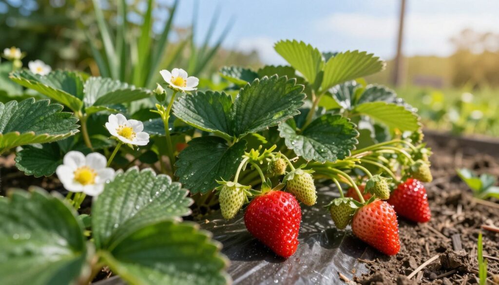 A lush garden scene in early spring, filled with vibrant strawberry plants bearing bright red ripe strawberries among glossy green leaves. In the foreground, delicate white blossoms adorn the strawberry plants, hinting at their blooming stage. The middle ground features a few plump, dew-kissed strawberries, some still green, showcasing the transition from flowering to fruiting. The background reveals a soft-focus garden with gently swaying greenery under a clear blue sky, warm sunlight filtering through. The warm, inviting atmosphere captures the essence of springtime in Poland, emphasizing growth and renewal. The angle is slightly low, offering a vibrant perspective of the strawberries against the calm garden backdrop. A lush garden scene in early spring, filled with vibrant strawberry plants bearing bright red ripe strawberries among glossy green leaves. In the foreground, delicate white blossoms adorn the strawberry plants, hinting at their blooming stage. The middle ground features a few plump, dew-kissed strawberries, some still green, showcasing the transition from flowering to fruiting. The background reveals a soft-focus garden with gently swaying greenery under a clear blue sky, warm sunlight filtering through. The warm, inviting atmosphere captures the essence of springtime in Poland, emphasizing growth and renewal. The angle is slightly low, offering a vibrant perspective of the strawberries against the calm garden backdrop.