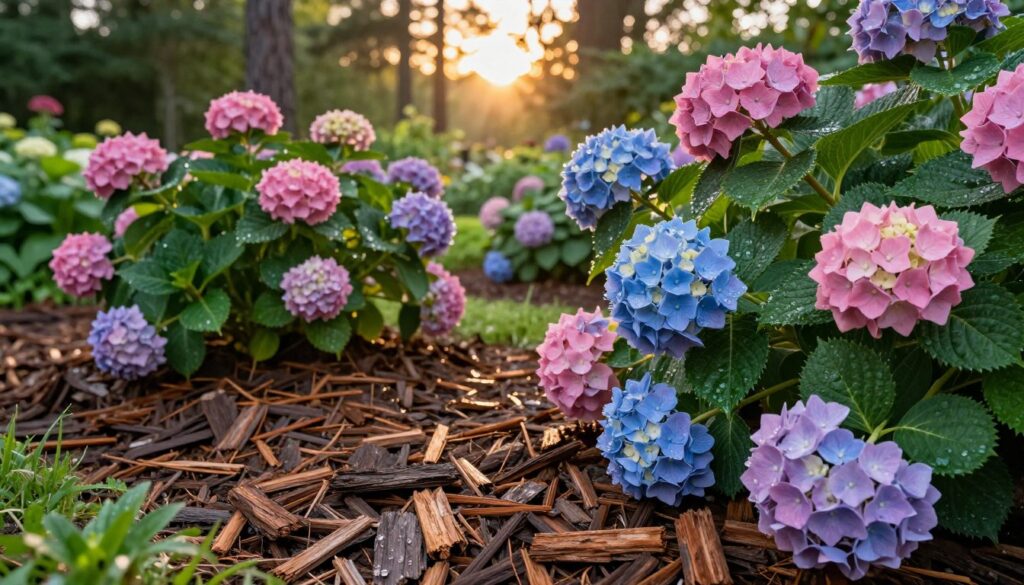 A lush garden scene showcasing a bed of pine bark mulch surrounding vibrant hydrangeas in full bloom. In the foreground, the rich texture of the dark, crispy pine bark contrasts vividly with the soft pinks and blues of the hydrangea petals. The middle ground features several hydrangea plants at different growth stages, their leaves glistening with morning dew, enhancing the freshness of the scene. The background reveals a gentle sunrise peeking through a canopy of trees, casting warm golden light across the garden. The atmosphere is tranquil and inviting, perfect for illustrating organic mulching methods that retain moisture and enrich acidic soil. Focus on natural colors and textures, with a shallow depth of field to emphasize the foreground. A lush garden scene showcasing a bed of pine bark mulch surrounding vibrant hydrangeas in full bloom. In the foreground, the rich texture of the dark, crispy pine bark contrasts vividly with the soft pinks and blues of the hydrangea petals. The middle ground features several hydrangea plants at different growth stages, their leaves glistening with morning dew, enhancing the freshness of the scene. The background reveals a gentle sunrise peeking through a canopy of trees, casting warm golden light across the garden. The atmosphere is tranquil and inviting, perfect for illustrating organic mulching methods that retain moisture and enrich acidic soil. Focus on natural colors and textures, with a shallow depth of field to emphasize the foreground.