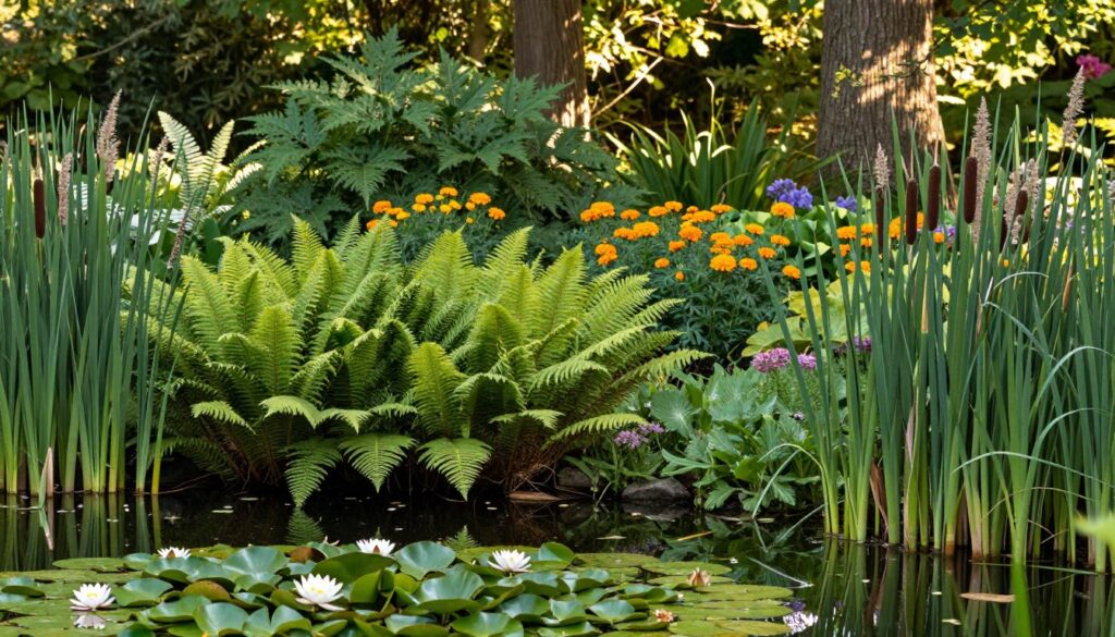 A lush garden scene showcasing a diverse array of wetland plants native to Poland, emphasizing their adaptation to moist environments. In the foreground, vibrant green ferns and delicate water lilies float atop a small pond, while cattails and reed grasses frame the water's edge. The middle ground features a variety of flowering plants, such as marsh marigolds and Dusky maidenhair ferns, creating a rich tapestry of color. The background reveals clusters of trees and shrubs, softly blurred to suggest depth. The scene is bathed in warm, dappled sunlight filtering through the foliage, casting gentle reflections on the water. The atmosphere is serene and harmonious, inviting viewers to explore the beauty and complexity of wetland ecosystems. A lush garden scene showcasing a diverse array of wetland plants native to Poland, emphasizing their adaptation to moist environments. In the foreground, vibrant green ferns and delicate water lilies float atop a small pond, while cattails and reed grasses frame the water's edge. The middle ground features a variety of flowering plants, such as marsh marigolds and Dusky maidenhair ferns, creating a rich tapestry of color. The background reveals clusters of trees and shrubs, softly blurred to suggest depth. The scene is bathed in warm, dappled sunlight filtering through the foliage, casting gentle reflections on the water. The atmosphere is serene and harmonious, inviting viewers to explore the beauty and complexity of wetland ecosystems.