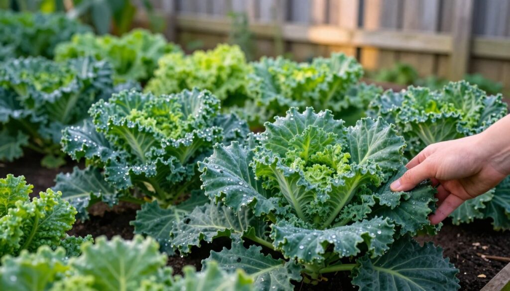 A lush garden scene showcasing vibrant, green kale plants ready for harvesting, with glistening dew drops on the leaves. In the foreground, a hand gently plucks a mature kale leaf, revealing its rich texture. The midground features a variety of kale plants in different sizes, with curly and flat leaves, under the soft morning light. The background includes rows of leafy vegetables and a faint glimpse of a rustic wooden fence. The atmosphere is serene and fresh, inviting a sense of calm and connection to nature. The image is captured with a shallow depth of field, using a slightly angled view to create depth and focus on the kale. The overall lighting is warm, enhancing the verdant greens and the contrast of the earthy tones in the garden. A lush garden scene showcasing vibrant, green kale plants ready for harvesting, with glistening dew drops on the leaves. In the foreground, a hand gently plucks a mature kale leaf, revealing its rich texture. The midground features a variety of kale plants in different sizes, with curly and flat leaves, under the soft morning light. The background includes rows of leafy vegetables and a faint glimpse of a rustic wooden fence. The atmosphere is serene and fresh, inviting a sense of calm and connection to nature. The image is captured with a shallow depth of field, using a slightly angled view to create depth and focus on the kale. The overall lighting is warm, enhancing the verdant greens and the contrast of the earthy tones in the garden.