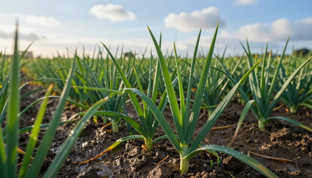A lush garlic field drenched in early morning sunlight, showcasing vibrant green garlic plants with soil glistening from a recent watering. In the foreground, droplets of water are visible on the leaves, symbolizing the precise irrigation needed for healthy growth. In the middle ground, rows of garlic plants stretch into the distance, creating a sense of depth, while a gentle breeze causes the plants to sway slightly. The background features a clear blue sky dotted with soft white clouds, enhancing the tranquil farming atmosphere. The lighting should be warm and inviting, highlighting the textures of the plants and soil. The image conveys a sense of vitality and care in agricultural practices.
