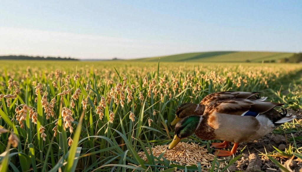 A lush green field in Poland, showcasing an abundance of grains suitable for ducks, such as oats, barley, and corn. In the foreground, a close-up view of a duck pecking at scattered grains on the soft earth, with its glossy feathers catching the sunlight. The middle ground features a diverse range of grains in their natural state, emphasizing their freshness and suitability for duck feeding. In the background, gently rolling hills under a clear blue sky, with the soft glow of the afternoon sun illuminating the scene, creating a warm and inviting atmosphere. The overall mood is serene and pastoral, ideal for illustrating grain choices for ducks in a natural Polish environment. A lush green field in Poland, showcasing an abundance of grains suitable for ducks, such as oats, barley, and corn. In the foreground, a close-up view of a duck pecking at scattered grains on the soft earth, with its glossy feathers catching the sunlight. The middle ground features a diverse range of grains in their natural state, emphasizing their freshness and suitability for duck feeding. In the background, gently rolling hills under a clear blue sky, with the soft glow of the afternoon sun illuminating the scene, creating a warm and inviting atmosphere. The overall mood is serene and pastoral, ideal for illustrating grain choices for ducks in a natural Polish environment.