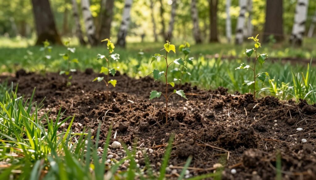 A lush, healthy patch of soil suitable for birch tree planting, showcasing its rich, dark brown texture with a slight sheen from moisture. In the foreground, vibrant green grass frames the soil, while small pebbles hint at good drainage. The middle ground features young birch saplings, their delicate leaves glistening in the soft, dappled sunlight filtering through the canopy above. In the background, a blurred forest scene emphasizes the importance of a natural habitat. The lighting is warm and inviting, creating a peaceful, nurturing atmosphere. The composition is slightly above eye-level, allowing viewers to appreciate the depth of the soil and the connection between the earth and the saplings, symbolizing growth and vitality. A lush, healthy patch of soil suitable for birch tree planting, showcasing its rich, dark brown texture with a slight sheen from moisture. In the foreground, vibrant green grass frames the soil, while small pebbles hint at good drainage. The middle ground features young birch saplings, their delicate leaves glistening in the soft, dappled sunlight filtering through the canopy above. In the background, a blurred forest scene emphasizes the importance of a natural habitat. The lighting is warm and inviting, creating a peaceful, nurturing atmosphere. The composition is slightly above eye-level, allowing viewers to appreciate the depth of the soil and the connection between the earth and the saplings, symbolizing growth and vitality.