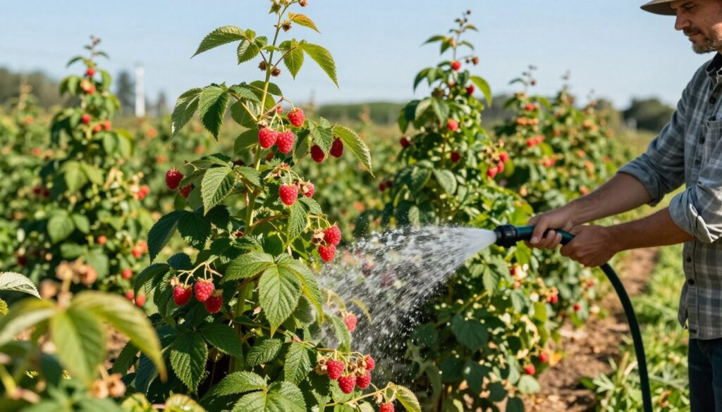 A lush raspberry garden in full summer bloom, featuring vibrant green leaves and clusters of ripe, plump raspberries. In the foreground, a gardener is gently watering the plants with a hose, dressed in a casual shirt and hat, embodying a sense of care and dedication. The middle ground showcases neatly arranged raspberry bushes, their bright red fruits contrasting with the deep green foliage. In the background, soft-focus rows of more raspberry plants stretch into the distance under a clear blue sky, bathed in warm sunlight that casts soft shadows. The atmosphere is cheerful and serene, emphasizing the joy of tending to these healthy crops through careful irrigation, nurturing, and weed management. The image has a bright, natural lighting, capturing the essence of a fruitful gardening season. A lush raspberry garden in full summer bloom, featuring vibrant green leaves and clusters of ripe, plump raspberries. In the foreground, a gardener is gently watering the plants with a hose, dressed in a casual shirt and hat, embodying a sense of care and dedication. The middle ground showcases neatly arranged raspberry bushes, their bright red fruits contrasting with the deep green foliage. In the background, soft-focus rows of more raspberry plants stretch into the distance under a clear blue sky, bathed in warm sunlight that casts soft shadows. The atmosphere is cheerful and serene, emphasizing the joy of tending to these healthy crops through careful irrigation, nurturing, and weed management. The image has a bright, natural lighting, capturing the essence of a fruitful gardening season.