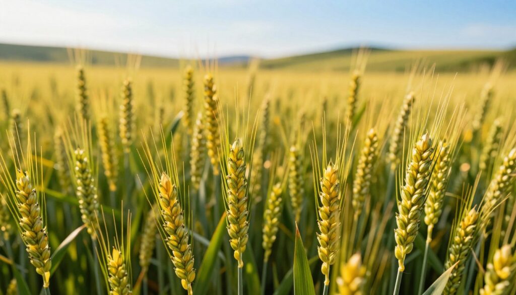A lush, verdant field of wheat at the onset of flowering, showcasing vibrant yellow and soft green hues. In the foreground, clusters of wheat spikes with tiny, delicate flowers beginning to bloom, capturing the essence of early flowering. The middle ground features more established wheat plants, some already transitioning into the fullness of bloom, their golden hues contrasting beautifully with the verdant foliage. The background is a serene, softly blurred landscape with rolling hills under a clear blue sky, bathed in warm, golden sunlight, creating a hopeful and flourishing atmosphere. The image should have a warm and inviting mood, with a focus on the intricate details of the wheat flowers, emphasizing the beauty and importance of this growth stage. A lush, verdant field of wheat at the onset of flowering, showcasing vibrant yellow and soft green hues. In the foreground, clusters of wheat spikes with tiny, delicate flowers beginning to bloom, capturing the essence of early flowering. The middle ground features more established wheat plants, some already transitioning into the fullness of bloom, their golden hues contrasting beautifully with the verdant foliage. The background is a serene, softly blurred landscape with rolling hills under a clear blue sky, bathed in warm, golden sunlight, creating a hopeful and flourishing atmosphere. The image should have a warm and inviting mood, with a focus on the intricate details of the wheat flowers, emphasizing the beauty and importance of this growth stage.