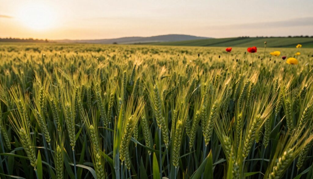 A lush, vibrant field of winter wheat (pszenica ozima) swaying gently in the breeze under a soft, golden sunset. In the foreground, the healthy green blades of wheat stand tall, showcasing their rich color and texture. The middle ground features a few poppies and wildflowers adding a splash of red and yellow, creating a harmonious contrast. The background consists of a gently rolling landscape with distant hills, partially shrouded in soft, warm hues of dusk. The lighting is warm and inviting, casting long shadows and creating a serene, tranquil atmosphere. The overall mood is one of renewal and growth, symbolizing the importance of crop rotation and soil health. A lush, vibrant field of winter wheat (pszenica ozima) swaying gently in the breeze under a soft, golden sunset. In the foreground, the healthy green blades of wheat stand tall, showcasing their rich color and texture. The middle ground features a few poppies and wildflowers adding a splash of red and yellow, creating a harmonious contrast. The background consists of a gently rolling landscape with distant hills, partially shrouded in soft, warm hues of dusk. The lighting is warm and inviting, casting long shadows and creating a serene, tranquil atmosphere. The overall mood is one of renewal and growth, symbolizing the importance of crop rotation and soil health.