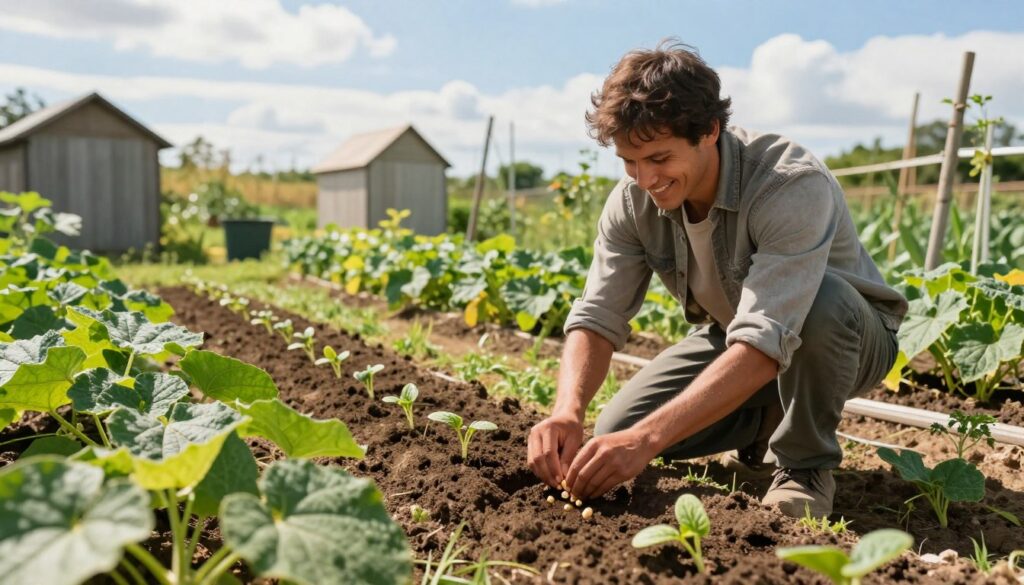 A lush, vibrant garden scene depicting a farmer sowing cucumber seeds in July. In the foreground, a smiling individual in modest casual clothing kneels on the earthy soil, carefully planting seeds in neat rows. The farmer is surrounded by healthy, green cucumber plants, with young sprouts emerging from the ground. In the middle ground, sunlight bathes the garden, creating a warm, inviting atmosphere, with tool sheds and garden stakes visible. The background showcases a blue sky dotted with a few fluffy clouds, enhancing the sense of a bright summer day. The lighting is soft and natural, highlighting the freshness of the plants and the energy of the growing season. The mood is cheerful and productive, illustrating the potential for a fruitful harvest. A lush, vibrant garden scene depicting a farmer sowing cucumber seeds in July. In the foreground, a smiling individual in modest casual clothing kneels on the earthy soil, carefully planting seeds in neat rows. The farmer is surrounded by healthy, green cucumber plants, with young sprouts emerging from the ground. In the middle ground, sunlight bathes the garden, creating a warm, inviting atmosphere, with tool sheds and garden stakes visible. The background showcases a blue sky dotted with a few fluffy clouds, enhancing the sense of a bright summer day. The lighting is soft and natural, highlighting the freshness of the plants and the energy of the growing season. The mood is cheerful and productive, illustrating the potential for a fruitful harvest.