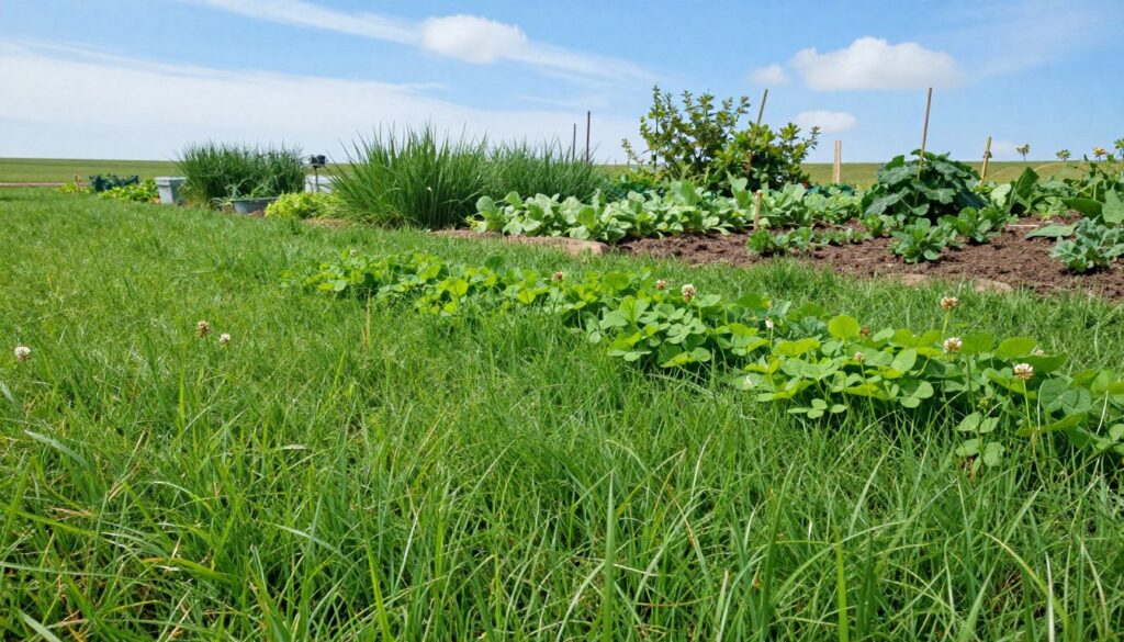 A lush, vibrant landscape featuring a healthy, green lawn of perennial ryegrass (perzu) fills the foreground, with various companion plants strategically interspersed to demonstrate weed suppression and soil improvement. This should include clover and other low-growing plants that thrive alongside the ryegrass. In the middle ground, a farm setting is depicted with a small garden or crop area, illuminated by soft daylight, highlighting the rich texture of the soil and healthy plant life. The background displays a sunny blue sky with a few wispy clouds, adding a serene and uplifting atmosphere. The angle should give a slightly elevated perspective, showcasing the diversity of plant life while emphasizing the lushness of the healthy grass. The overall mood is peaceful and productive, representing nature's harmony. A lush, vibrant landscape featuring a healthy, green lawn of perennial ryegrass (perzu) fills the foreground, with various companion plants strategically interspersed to demonstrate weed suppression and soil improvement. This should include clover and other low-growing plants that thrive alongside the ryegrass. In the middle ground, a farm setting is depicted with a small garden or crop area, illuminated by soft daylight, highlighting the rich texture of the soil and healthy plant life. The background displays a sunny blue sky with a few wispy clouds, adding a serene and uplifting atmosphere. The angle should give a slightly elevated perspective, showcasing the diversity of plant life while emphasizing the lushness of the healthy grass. The overall mood is peaceful and productive, representing nature's harmony.