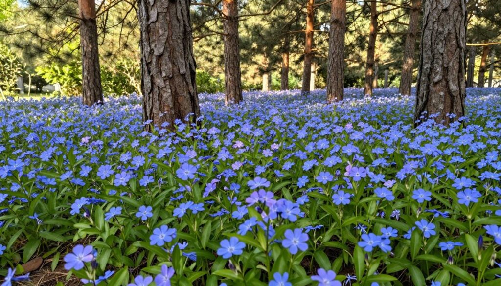 A lush, vibrant scene depicting a blanket of "barwinek" (periwinkle) plants covering the ground beneath majestic pine trees. In the foreground, the periwinkle plants showcase their glossy green leaves and beautiful blue-violet flowers, creating a rich tapestry of color. The middle ground features sturdy pine trunks, their textured bark contrasting with the soft foliage. The background reveals a dappled sunlight filtering through the pine tree canopy, casting gentle shadows on the ground, enhancing the serene and tranquil atmosphere. The lighting is soft and warm, evoking a feeling of calm and harmony in nature. The angle captures both the intricate details of the periwinkle and the towering presence of the pines, highlighting the relationship between the plants and their environment.