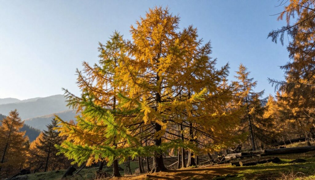 A majestic European larch tree (Larix decidua) standing tall in a serene forest setting during early autumn. In the foreground, vibrant green needles transition to golden-yellow as they begin to change color. The middle ground features a cluster of larch trees with their distinctive slender trunks and conical shape, highlighting the tree's unique features. The background reveals a soft-focus panorama of misty mountains under a clear blue sky, creating a tranquil atmosphere. The scene is bathed in warm, golden sunlight filtering through the branches, casting gentle shadows on the forest floor. Capture this image using a wide-angle lens to emphasize the height and grandeur of the larch, evoking a sense of peace and respect for nature's beauty. A majestic European larch tree (Larix decidua) standing tall in a serene forest setting during early autumn. In the foreground, vibrant green needles transition to golden-yellow as they begin to change color. The middle ground features a cluster of larch trees with their distinctive slender trunks and conical shape, highlighting the tree's unique features. The background reveals a soft-focus panorama of misty mountains under a clear blue sky, creating a tranquil atmosphere. The scene is bathed in warm, golden sunlight filtering through the branches, casting gentle shadows on the forest floor. Capture this image using a wide-angle lens to emphasize the height and grandeur of the larch, evoking a sense of peace and respect for nature's beauty.