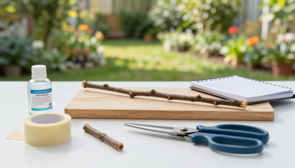 A neatly arranged setup for cloning tree grafting, featuring essential tools for horticulture on a clean, sterile workspace. In the foreground, a pair of sharp grafting scissors and a roll of grafting tape sit alongside a small, labeled container of disinfectant solutions. The middle layer shows a wooden grafting board with a freshly cut branch, prepared for grafting, and a small notebook with technical notes. In the background, softly blurred, a lush garden can be glimpsed, with vibrant trees and plants, bathed in natural sunlight. The scene is calm and organized, evoking a sense of professionalism and care in horticultural practices, emphasizing hygiene and technique in tree grafting. The lighting is bright yet soft, mimicking a serene afternoon setting. A neatly arranged setup for cloning tree grafting, featuring essential tools for horticulture on a clean, sterile workspace. In the foreground, a pair of sharp grafting scissors and a roll of grafting tape sit alongside a small, labeled container of disinfectant solutions. The middle layer shows a wooden grafting board with a freshly cut branch, prepared for grafting, and a small notebook with technical notes. In the background, softly blurred, a lush garden can be glimpsed, with vibrant trees and plants, bathed in natural sunlight. The scene is calm and organized, evoking a sense of professionalism and care in horticultural practices, emphasizing hygiene and technique in tree grafting. The lighting is bright yet soft, mimicking a serene afternoon setting.