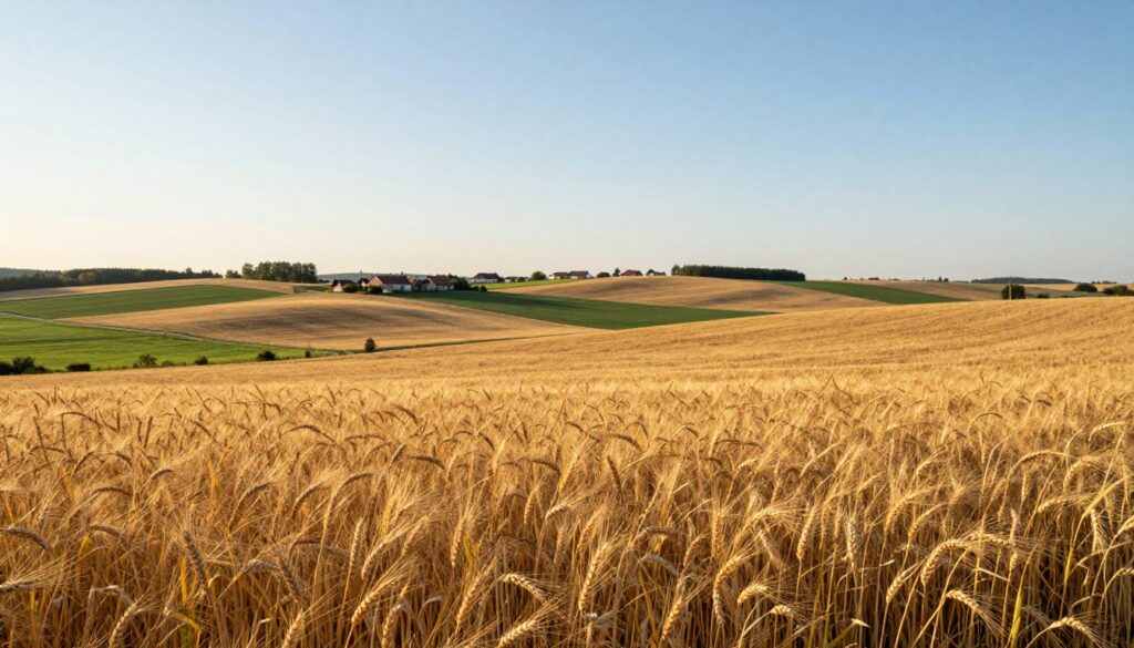 A panoramic view of the Lublin Upland, showcasing the rich agricultural landscape characterized by vast fields of golden wheat and barley swaying gently in the breeze. In the foreground, detailed patches of ripe grain catch the sunlight, creating a shimmering effect. The middle ground features gently rolling hills and well-maintained farm paths, while distant views reveal small clusters of traditional farmhouses against a clear blue sky. Soft, warm lighting captures the serene atmosphere of a late afternoon, emphasizing the peaceful coexistence of nature and agriculture. A hint of the region’s lush greenery is visible, signifying a favorable climate for crop cultivation. The overall mood is tranquil and harmonious, resonating with the themes of climate and technology in farming practices. A panoramic view of the Lublin Upland, showcasing the rich agricultural landscape characterized by vast fields of golden wheat and barley swaying gently in the breeze. In the foreground, detailed patches of ripe grain catch the sunlight, creating a shimmering effect. The middle ground features gently rolling hills and well-maintained farm paths, while distant views reveal small clusters of traditional farmhouses against a clear blue sky. Soft, warm lighting captures the serene atmosphere of a late afternoon, emphasizing the peaceful coexistence of nature and agriculture. A hint of the region’s lush greenery is visible, signifying a favorable climate for crop cultivation. The overall mood is tranquil and harmonious, resonating with the themes of climate and technology in farming practices.
