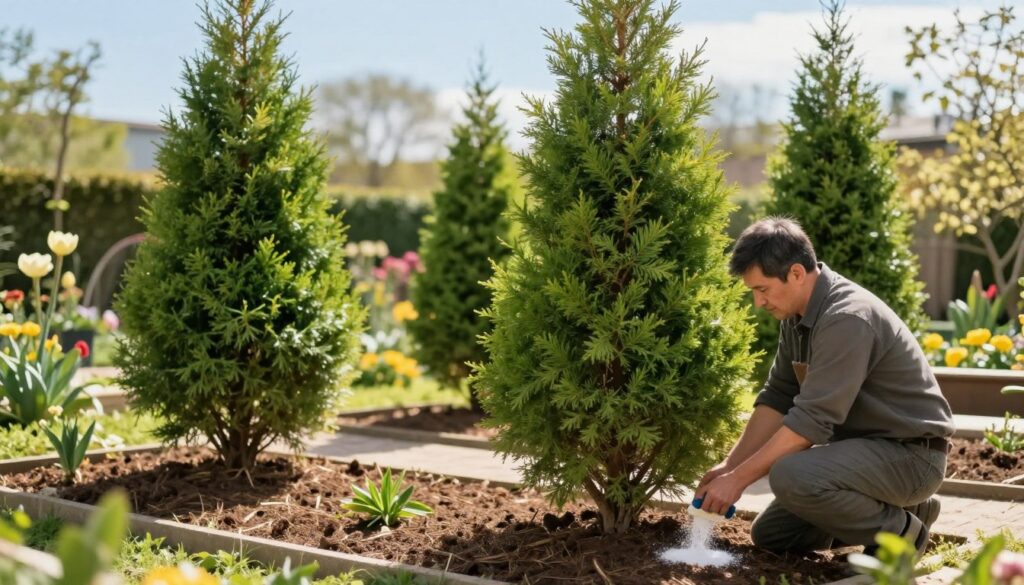 A peaceful garden scene in early spring, showcasing healthy, vibrant thuja trees (arborvitae) with lush green foliage. In the foreground, a gardener, a middle-aged man in modest casual clothing, carefully applying a granular fertilizer around the base of the trees, demonstrating proper technique. The middle of the image features well-mulched soil, indicative of a recent winter, with small signs of new growth on the thuja branches. In the background, soft sunlight filters through other flowering plants, creating a warm and inviting atmosphere. The scene conveys a sense of rejuvenation and care for the plants, with clear blue skies above. The overall mood is calm and nurturing, ideal for illustrating optimal fertilization timing after winter. A peaceful garden scene in early spring, showcasing healthy, vibrant thuja trees (arborvitae) with lush green foliage. In the foreground, a gardener, a middle-aged man in modest casual clothing, carefully applying a granular fertilizer around the base of the trees, demonstrating proper technique. The middle of the image features well-mulched soil, indicative of a recent winter, with small signs of new growth on the thuja branches. In the background, soft sunlight filters through other flowering plants, creating a warm and inviting atmosphere. The scene conveys a sense of rejuvenation and care for the plants, with clear blue skies above. The overall mood is calm and nurturing, ideal for illustrating optimal fertilization timing after winter.