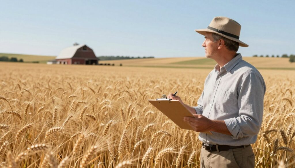 A picturesque agricultural scene showcasing a farmer inspecting a flourishing wheat field under a clear blue sky. In the foreground, focus on the farmer, a middle-aged man dressed in professional business attire, holding a clipboard and wearing a sun hat. The middle ground features tall, golden stalks of wheat, swaying gently in the breeze, symbolizing the grain subsidy project. In the background, a quaint barn and rolling hills enhance the rural atmosphere. Soft, natural lighting illuminates the landscape, casting gentle shadows that highlight the farmer’s thoughtful expression. The mood is optimistic and hopeful, reflecting the potential benefits of the proposed grain subsidy program. The angle captures a wide view of the field, emphasizing the expanse of the crops and the promise of agriculture.