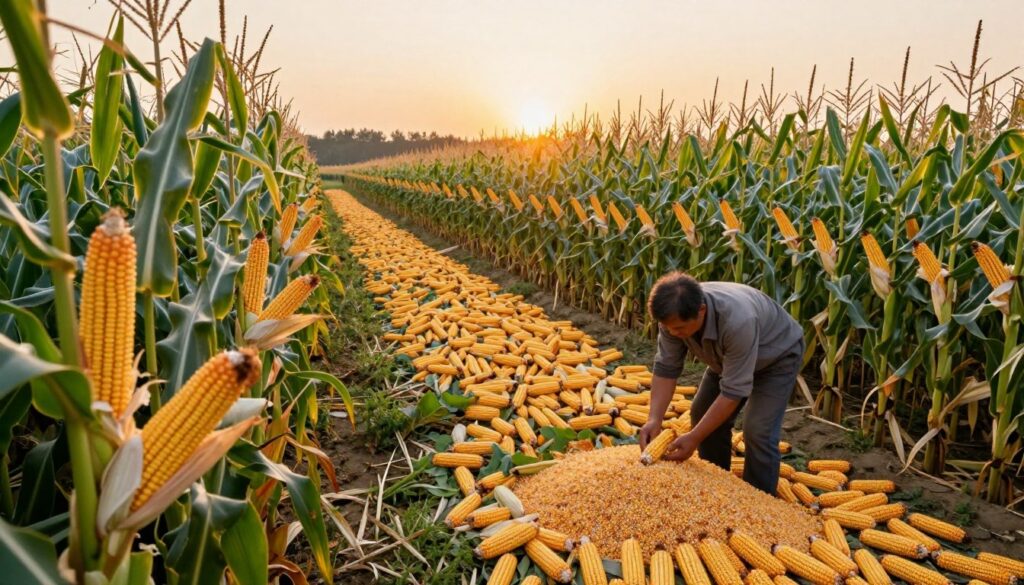A picturesque cornfield during harvest season, featuring rows of vibrant, golden corn stalks laden with plump ears ready for picking. In the foreground, a farmer wearing modest casual clothing gently gathers ripe corn cobs, showcasing the dual purpose of the crop: sweet corn for eating and kernels for grain. The middle ground highlights a mix of harvested corn and lush green foliage, illustrating the agricultural richness. In the background, the setting sun casts warm golden hues over the field, creating a tranquil atmosphere. The composition is captured from a slightly elevated angle to emphasize the expanse of the field and the farmer's engagement with the harvest. Soft, natural lighting enhances the scene, conveying a sense of bounty and abundance in the corn harvest. A picturesque cornfield during harvest season, featuring rows of vibrant, golden corn stalks laden with plump ears ready for picking. In the foreground, a farmer wearing modest casual clothing gently gathers ripe corn cobs, showcasing the dual purpose of the crop: sweet corn for eating and kernels for grain. The middle ground highlights a mix of harvested corn and lush green foliage, illustrating the agricultural richness. In the background, the setting sun casts warm golden hues over the field, creating a tranquil atmosphere. The composition is captured from a slightly elevated angle to emphasize the expanse of the field and the farmer's engagement with the harvest. Soft, natural lighting enhances the scene, conveying a sense of bounty and abundance in the corn harvest.