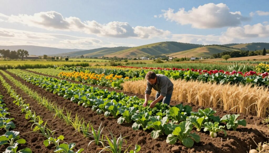 A picturesque farm landscape illustrating the concept of cultivating crops in class 5 soil. In the foreground, a farmer in modest casual clothing examines lush green furrows of diverse crops like legumes, barley, and radishes, showcasing healthy growth. The middle ground features a collection of vibrant vegetable patches and flowering plants, emanating a sense of abundance while highlighting sustainable agricultural practices. The background contains rolling hills under a bright blue sky with soft, fluffy clouds. Gentle sunlight casts a warm glow over the scene, creating a tranquil and hopeful atmosphere. The image should be taken from a slightly elevated angle, giving a comprehensive view of the farm while emphasizing the connection between the soil and the thriving crops.