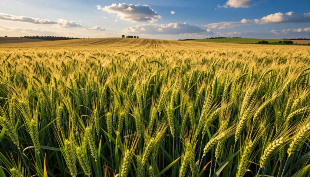 A picturesque landscape featuring lush fields of winter wheat (pszenica ozima) in Poland. In the foreground, clusters of vibrant green wheat stems sway gently in the breeze, showcasing their healthy growth. The middle ground reveals expansive waves of golden wheat ready for harvest, contrasting beautifully with the deep blue sky overhead. The background contains rolling hills and distant farmhouses, adding depth to the scene. Golden sunlight filters through scattered clouds, casting a warm glow on the wheat fields. The perspective is slightly elevated, emphasizing the vastness of the agricultural landscape. Aim for a serene and bountiful atmosphere, evoking the essence of Polish grain cultivation. The image should be highly detailed and photorealistic, capturing the intricate textures of the wheat and the richness of the environment. A picturesque landscape featuring lush fields of winter wheat (pszenica ozima) in Poland. In the foreground, clusters of vibrant green wheat stems sway gently in the breeze, showcasing their healthy growth. The middle ground reveals expansive waves of golden wheat ready for harvest, contrasting beautifully with the deep blue sky overhead. The background contains rolling hills and distant farmhouses, adding depth to the scene. Golden sunlight filters through scattered clouds, casting a warm glow on the wheat fields. The perspective is slightly elevated, emphasizing the vastness of the agricultural landscape. Aim for a serene and bountiful atmosphere, evoking the essence of Polish grain cultivation. The image should be highly detailed and photorealistic, capturing the intricate textures of the wheat and the richness of the environment.