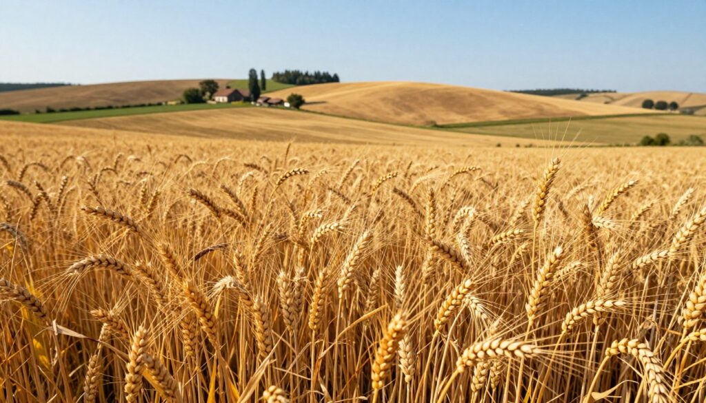 A picturesque landscape of the Lublin Upland, showcasing fields of golden wheat ripening under a clear blue sky. In the foreground, clusters of vibrant wheat stalks sway gently in the breeze, highlighting the rich texture of the grains. The middle ground features larger expanses of wheat fields, capturing varying shades of yellow and brown, interspersed with patches of green. In the background, the rolling hills of the Upland create a stunning backdrop, dotted with occasional trees and rustic farmhouses. Soft, warm sunlight bathes the scene, casting gentle shadows that enhance the depth and warmth of the image. The overall mood is tranquil and inviting, reflecting the bountiful agricultural heritage of the region. A picturesque landscape of the Lublin Upland, showcasing fields of golden wheat ripening under a clear blue sky. In the foreground, clusters of vibrant wheat stalks sway gently in the breeze, highlighting the rich texture of the grains. The middle ground features larger expanses of wheat fields, capturing varying shades of yellow and brown, interspersed with patches of green. In the background, the rolling hills of the Upland create a stunning backdrop, dotted with occasional trees and rustic farmhouses. Soft, warm sunlight bathes the scene, casting gentle shadows that enhance the depth and warmth of the image. The overall mood is tranquil and inviting, reflecting the bountiful agricultural heritage of the region.