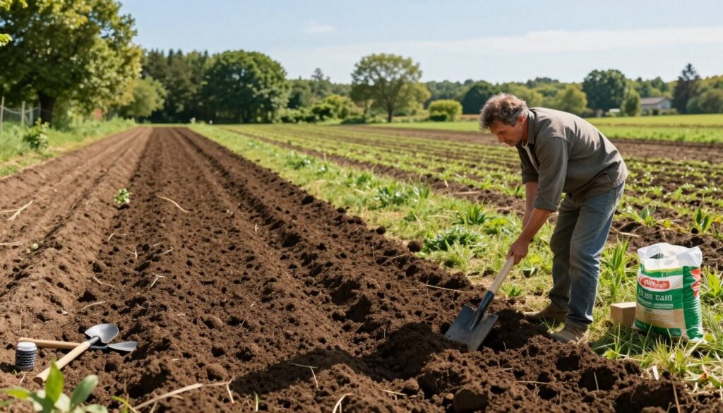 A picturesque landscape showcasing soil preparation for grass sowing and fertilizing. In the foreground, a farmer in modest casual clothing is using a spade to test the soil texture, surrounded by rich, dark loamy soil. The middle ground captures a well-cultivated field with evenly distributed soil, demonstrating optimal pH levels, and neatly aligned rows ready for sowing. The background features lush greenery of trees under a clear blue sky, with soft sunlight illuminating the scene, creating a warm, inviting atmosphere. A few small gardening tools and a bag of fertilizer are gently placed to the side, emphasizing a meticulous approach to land preparation for a successful growing season. A picturesque landscape showcasing soil preparation for grass sowing and fertilizing. In the foreground, a farmer in modest casual clothing is using a spade to test the soil texture, surrounded by rich, dark loamy soil. The middle ground captures a well-cultivated field with evenly distributed soil, demonstrating optimal pH levels, and neatly aligned rows ready for sowing. The background features lush greenery of trees under a clear blue sky, with soft sunlight illuminating the scene, creating a warm, inviting atmosphere. A few small gardening tools and a bag of fertilizer are gently placed to the side, emphasizing a meticulous approach to land preparation for a successful growing season.