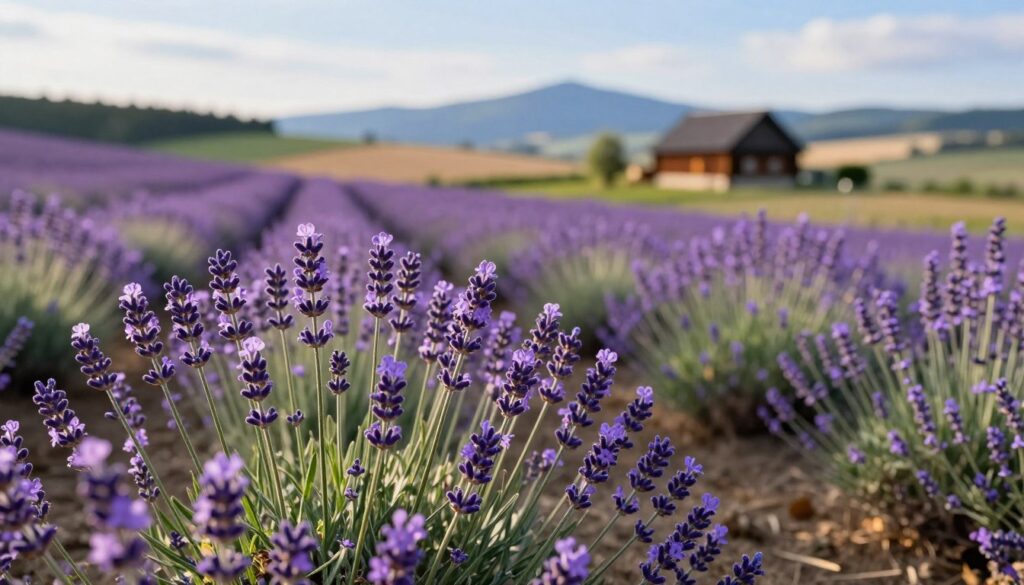 A picturesque lavender field in Poland, showcasing vibrant purple blossoms. In the foreground, clusters of blooming lavender flowers with delicate petals and green foliage glisten under soft, golden sunlight. The middle ground features rolling hills dotted with lavender in various stages of bloom, indicating different microclimates and regions. The background reveals a serene Polish landscape with a traditional wooden farmhouse and distant mountains under a bright blue sky. The scene should evoke tranquility and anticipation, capturing the essence of summer and the seasonal cycle of lavender. Use a shallow depth of field to bring the lavender in the foreground into sharp focus while gently blurring the background, creating a calming atmosphere that highlights the beauty of flowering lavender. A picturesque lavender field in Poland, showcasing vibrant purple blossoms. In the foreground, clusters of blooming lavender flowers with delicate petals and green foliage glisten under soft, golden sunlight. The middle ground features rolling hills dotted with lavender in various stages of bloom, indicating different microclimates and regions. The background reveals a serene Polish landscape with a traditional wooden farmhouse and distant mountains under a bright blue sky. The scene should evoke tranquility and anticipation, capturing the essence of summer and the seasonal cycle of lavender. Use a shallow depth of field to bring the lavender in the foreground into sharp focus while gently blurring the background, creating a calming atmosphere that highlights the beauty of flowering lavender.