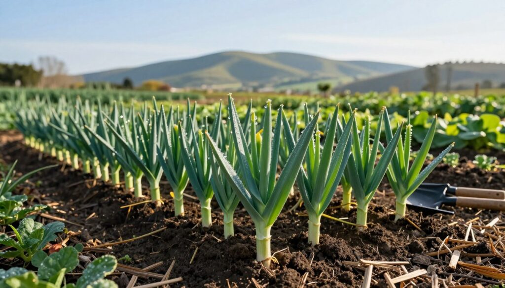 A picturesque vegetable garden showcasing the ideal conditions for growing leeks. In the foreground, rows of vibrant green leek plants with strong stems and healthy leaves, glistening with morning dew. In the middle ground, rich, dark soil with a surrounding border of mulch, emphasizing nutrient-rich cultivation. To the background, gentle hills under a clear blue sky with soft, diffused sunlight illuminating the scene, casting gentle shadows. The atmosphere is serene and nurturing, evoking a sense of growth and productivity. A few gardening tools, neatly arranged, hint at careful maintenance. The image should evoke the essence of optimal growing conditions for leeks, showcasing strength and vitality without any text or additional elements.