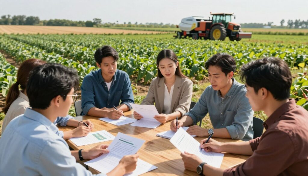 A professional agricultural setting showcasing a discussion on revolving loans for farmers. In the foreground, a group of farmers in business casual attire is gathered around a wooden table, studying documents and graphs that illustrate loan conditions and agricultural financing options. The middle ground features a lush, expansive farm with crops in various stages of growth under a bright, clear sky. In the background, modern farming equipment rests, hinting at innovation in agriculture. The scene is bathed in warm, natural light to create an inviting atmosphere of collaboration and hope for the future. The angle is slightly elevated to capture both the farmers' focused expressions and the thriving landscape behind them.