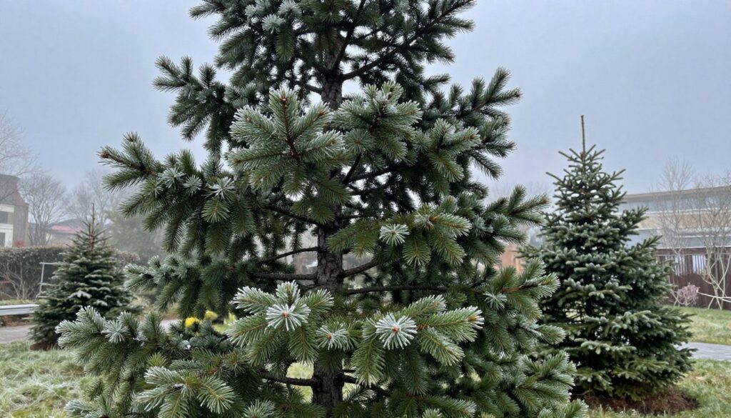 A resilient spruce tree stands prominently in the foreground, showcasing its vibrant green needles glistening with frosty dew. The texture of the bark is detailed, demonstrating its strength against harsh winter conditions. In the middle ground, a gentle breeze rustles smaller evergreen plants, emphasizing their adaptability, while a soft haze permeates the air to indicate pollution resistance. The background features a serene garden landscape, with hints of urban elements like distant buildings under a cloudy, wintry sky, casting cool, diffused light across the scene. The atmosphere evokes a sense of tranquility and resilience, portraying the beauty of nature thriving despite adversity. The angle is slightly low, creating an imposing view of the spruce, with a shallow depth of field to keep the focus on its robust form. A resilient spruce tree stands prominently in the foreground, showcasing its vibrant green needles glistening with frosty dew. The texture of the bark is detailed, demonstrating its strength against harsh winter conditions. In the middle ground, a gentle breeze rustles smaller evergreen plants, emphasizing their adaptability, while a soft haze permeates the air to indicate pollution resistance. The background features a serene garden landscape, with hints of urban elements like distant buildings under a cloudy, wintry sky, casting cool, diffused light across the scene. The atmosphere evokes a sense of tranquility and resilience, portraying the beauty of nature thriving despite adversity. The angle is slightly low, creating an imposing view of the spruce, with a shallow depth of field to keep the focus on its robust form.