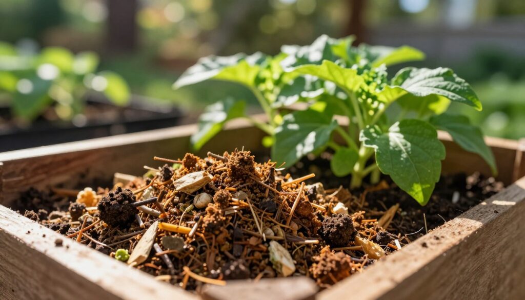 A rich and detailed close-up of organic fertilizers, such as compost and natural plant materials, resting in a wooden crate. The foreground showcases the earthy textures and vibrant colors of the organic matter, with small twigs, leaves, and soil clumps mixed in. In the middle ground, a flourishing green plant, representing healthy clones, is visible, its lush leaves catching the sunlight. The background features a blurred garden setting, with sunlight filtering through trees, casting dappled shadows. The lighting is warm and inviting, creating a serene atmosphere. The angle is slightly elevated, providing a dynamic view of the interaction between the organic fertilizers and the thriving plant. The overall mood is one of vitality and natural harmony, emphasizing the importance of organic nutrients for growth and soil health. A rich and detailed close-up of organic fertilizers, such as compost and natural plant materials, resting in a wooden crate. The foreground showcases the earthy textures and vibrant colors of the organic matter, with small twigs, leaves, and soil clumps mixed in. In the middle ground, a flourishing green plant, representing healthy clones, is visible, its lush leaves catching the sunlight. The background features a blurred garden setting, with sunlight filtering through trees, casting dappled shadows. The lighting is warm and inviting, creating a serene atmosphere. The angle is slightly elevated, providing a dynamic view of the interaction between the organic fertilizers and the thriving plant. The overall mood is one of vitality and natural harmony, emphasizing the importance of organic nutrients for growth and soil health.