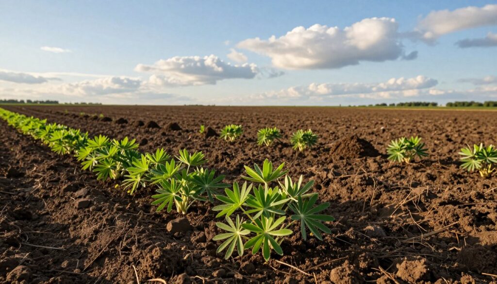 A rich, fertile agricultural field, showcasing healthy, dark brown soil perfect for growing narrow-leafed lupin. In the foreground, clusters of vibrant green lupin seedlings are emerging from the ground, highlighting their delicate leaves. The middle ground features rows of freshly tilled soil, prepared and ready for planting, with small mounds of earth from recent cultivation. The background boasts a clear blue sky with soft, fluffy clouds, indicating ideal weather conditions for sowing. The lighting is warm and inviting, suggesting late afternoon light that casts gentle shadows across the landscape. The overall mood conveys growth, potential, and a productive agricultural environment, emphasizing the importance of proper soil preparation for successful lupin cultivation. A rich, fertile agricultural field, showcasing healthy, dark brown soil perfect for growing narrow-leafed lupin. In the foreground, clusters of vibrant green lupin seedlings are emerging from the ground, highlighting their delicate leaves. The middle ground features rows of freshly tilled soil, prepared and ready for planting, with small mounds of earth from recent cultivation. The background boasts a clear blue sky with soft, fluffy clouds, indicating ideal weather conditions for sowing. The lighting is warm and inviting, suggesting late afternoon light that casts gentle shadows across the landscape. The overall mood conveys growth, potential, and a productive agricultural environment, emphasizing the importance of proper soil preparation for successful lupin cultivation.