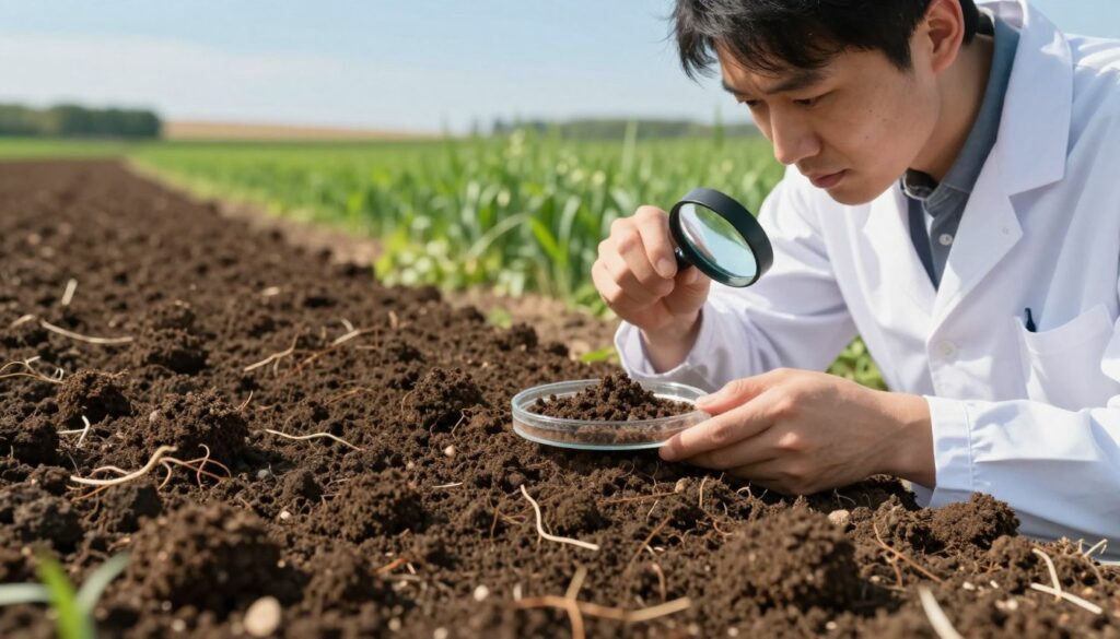 A rich, fertile field of soil samples being analyzed for agricultural purposes. In the foreground, detailed close-ups of soil textures, showing dark, healthy earth filled with nutrients and small roots. In the middle ground, a scientist in a white lab coat, analyzing soil in a Petri dish, using a magnifying glass to inspect it carefully. The background features a lush, green landscape with a horizon of fields ready for sowing oats under a bright blue sky. Gentle sunlight casts soft shadows, enhancing the soil’s texture and the scientist's focused expression. The mood is professional and investigative, reflecting the importance of soil analysis in successful farming practices.