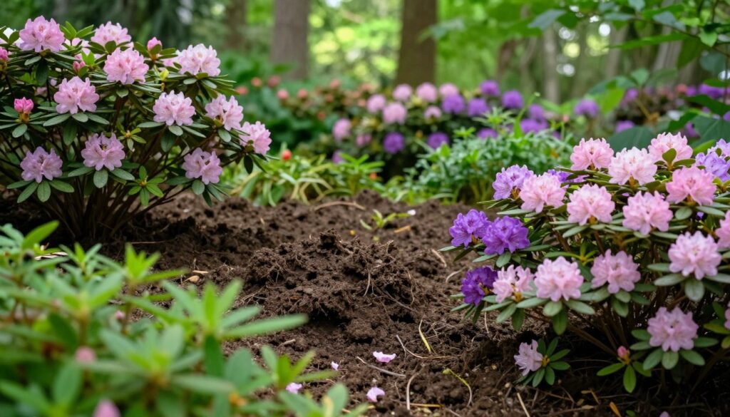 A rich, lush landscape showing acidic soil ideal for rhododendrons and azaleas. In the foreground, diverse vibrant green foliage with delicate pink and purple rhododendron flowers in full bloom, emphasizing their health and vitality. The middle ground features a mound of dark, loamy soil, with visible textures and organic matter highlighting its acidity. In the background, a soft-focus view of a shaded forest setting, with diffused sunlight filtering through the leaves, creating a serene atmosphere. Use a shallow depth of field to draw attention to the forefront blooms while providing a soft blurred effect in the background. This tranquil garden scene conveys the essential relationship between versatile soil and the flourishing of these beautiful flowering plants. Natural colors, bright yet soft lighting.
