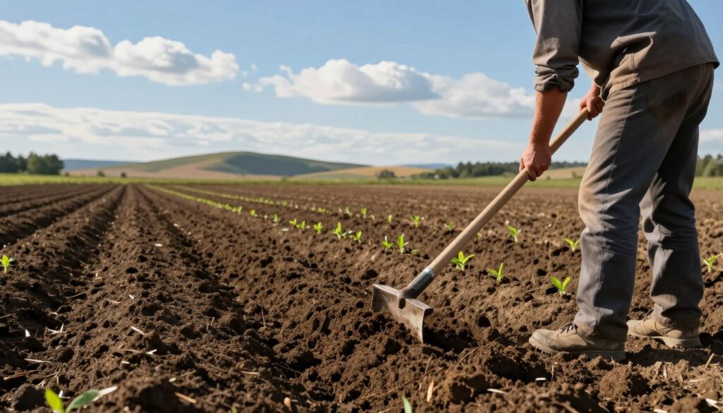 A scenic view of a farmer preparing soil for planting after corn cultivation. In the foreground, a farmer in modest work clothing is using a hoe to till the rich, dark soil, emphasizing the texture and nutrients. In the middle ground, rows of freshly tilled earth create a pattern, with small green sprouts emerging to symbolize new growth. The background features a clear blue sky with soft, fluffy clouds, and rolling hills in the distance, bathed in warm sunlight. The overall atmosphere is one of rejuvenation and hope, highlighting the importance of soil preparation for healthy crops. The lighting is bright and natural, casting gentle shadows that accentuate the contours of the field, and the perspective is slightly elevated to capture the expansive landscape. A scenic view of a farmer preparing soil for planting after corn cultivation. In the foreground, a farmer in modest work clothing is using a hoe to till the rich, dark soil, emphasizing the texture and nutrients. In the middle ground, rows of freshly tilled earth create a pattern, with small green sprouts emerging to symbolize new growth. The background features a clear blue sky with soft, fluffy clouds, and rolling hills in the distance, bathed in warm sunlight. The overall atmosphere is one of rejuvenation and hope, highlighting the importance of soil preparation for healthy crops. The lighting is bright and natural, casting gentle shadows that accentuate the contours of the field, and the perspective is slightly elevated to capture the expansive landscape.