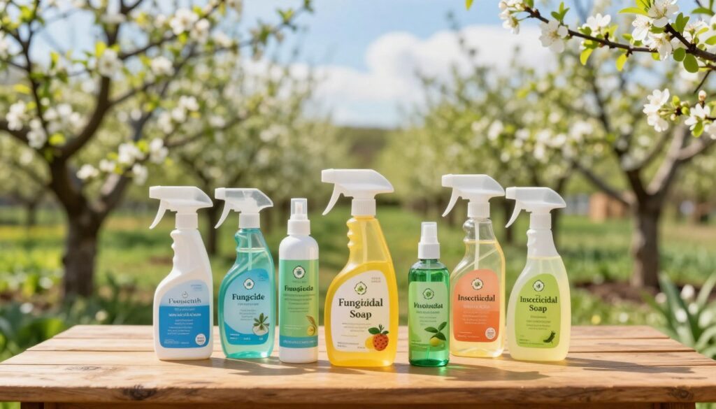 A selection of vibrant, labeled plant care products for treating plum trees against diseases and pests on a wooden table in a bright, sunlit garden. In the foreground, focus on a variety of colorful spray bottles and natural remedies, showcasing vibrant labels like "Fungicide" and "Insecticidal Soap." The middle ground features blossoming plum trees surrounded by lush green foliage, hinting at early spring. In the background, a soft-focus view of a blue sky and gentle clouds enhances the sunny atmosphere. The lighting is warm and inviting, capturing the essence of springtime gardening. Aim for a clear, detailed image with a slight depth of field to emphasize the products while maintaining a serene garden backdrop.