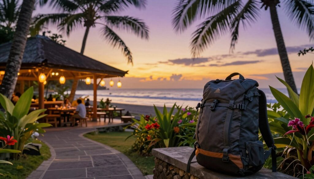 A serene Balinese landscape at dusk, capturing the essence of practical travel tips for a September trip. In the foreground, a well-organized travel backpack rests on a stone walkway, surrounded by lush tropical plants and vibrant flowers. In the middle ground, a cozy open-air dining area overlooks the beach, with a gentle breeze causing the hanging lanterns to sway. The background features a stunning sunset casting golden and purple hues across the sky, with the silhouette of palm trees framing the scene. Soft, warm lighting enhances the inviting atmosphere, while the scene is viewed from a slightly low angle, giving a sense of depth. Imagine a peaceful and inspiring mood perfect for planning a trip to Bali.
