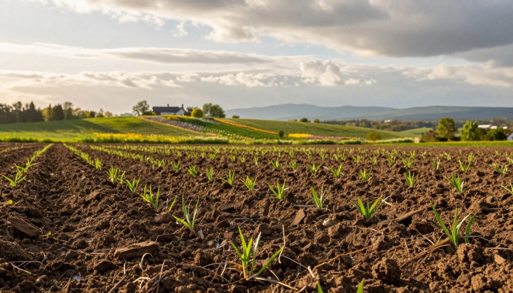 A serene May landscape on a farm field under a partly cloudy sky, capturing the essence of late spring weather. In the foreground, freshly plowed rich brown soil, showing signs of moisture, indicating ideal planting conditions. Sprouting green shoots poke through the earth, suggesting crops ready to thrive. In the middle ground, a gentle hill rises, dotted with patches of colorful wildflowers, while a farmhouse can be faintly seen, nestled among trees. The background features a soft, rolling horizon with distant mountains under diffused sunlight. The atmosphere is calm yet vibrant, reflecting the hope and unpredictability of late spring weather with an undertone of caution against unexpected frost. The scene is captured in warm, golden hour lighting with soft focus, emphasizing the vibrant colors of the greenery and soil.