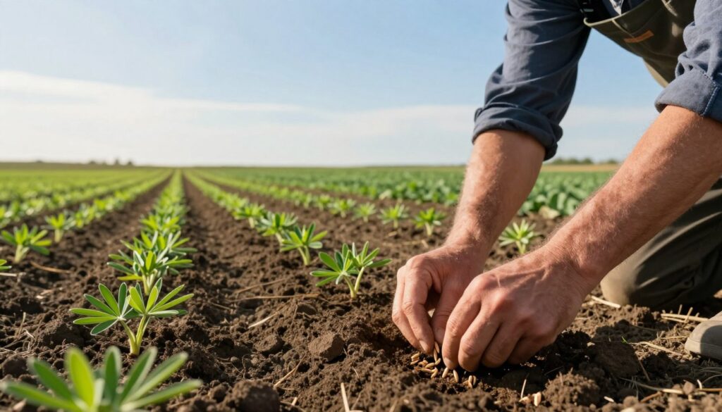 A serene agricultural landscape featuring a farmer in professional attire sowing narrow-leaved lupin seeds. In the foreground, a focused close-up of the farmer's hands gently placing seeds into freshly tilled soil, illustrating the correct sowing depth. The middle ground showcases perfectly aligned rows of germinating lupins, showcasing their vibrant green shoots emerging evenly from the ground. The background depicts a clear blue sky with soft, warm sunlight filtering through, casting gentle shadows over the field. The atmosphere conveys a sense of tranquility and productivity, highlighting the essence of effective sowing techniques. Capture the image from a slightly elevated angle to encompass the depth of the field and the farmer’s actions, emphasizing the agricultural harmony and care in planting. A serene agricultural landscape featuring a farmer in professional attire sowing narrow-leaved lupin seeds. In the foreground, a focused close-up of the farmer's hands gently placing seeds into freshly tilled soil, illustrating the correct sowing depth. The middle ground showcases perfectly aligned rows of germinating lupins, showcasing their vibrant green shoots emerging evenly from the ground. The background depicts a clear blue sky with soft, warm sunlight filtering through, casting gentle shadows over the field. The atmosphere conveys a sense of tranquility and productivity, highlighting the essence of effective sowing techniques. Capture the image from a slightly elevated angle to encompass the depth of the field and the farmer’s actions, emphasizing the agricultural harmony and care in planting.