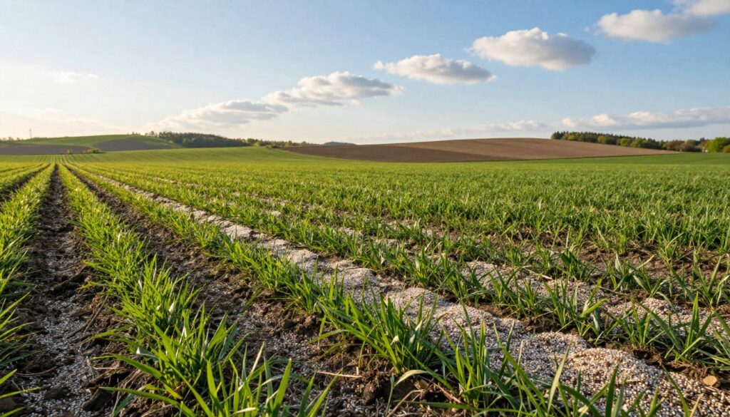 A serene agricultural scene depicting the ideal time for sowing grass along with fertilizer in Poland. In the foreground, vibrant green grass seed covered with fresh fertilizer granules, glistening in soft, natural sunlight. In the middle ground, a wide, fertile fields showcasing various patches of new grass growth, hinting at both spring and autumn sowing seasons. Rolling hills in the background under a clear blue sky with fluffy white clouds, suggesting a mild climate influenced by favorable weather. The atmosphere is peaceful and hopeful, evoking the essence of nurturing growth and seasonal changes in a tranquil countryside setting. Capture the image from a slightly elevated angle, with warm, golden daylight illuminating the natural beauty of the landscape. A serene agricultural scene depicting the ideal time for sowing grass along with fertilizer in Poland. In the foreground, vibrant green grass seed covered with fresh fertilizer granules, glistening in soft, natural sunlight. In the middle ground, a wide, fertile fields showcasing various patches of new grass growth, hinting at both spring and autumn sowing seasons. Rolling hills in the background under a clear blue sky with fluffy white clouds, suggesting a mild climate influenced by favorable weather. The atmosphere is peaceful and hopeful, evoking the essence of nurturing growth and seasonal changes in a tranquil countryside setting. Capture the image from a slightly elevated angle, with warm, golden daylight illuminating the natural beauty of the landscape.