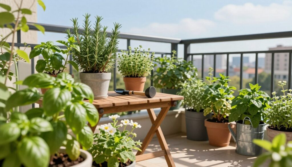 A serene balcony garden scene filled with various aromatic herbs such as basil, rosemary, thyme, and mint, arranged in stylish pots. In the foreground, vibrant green leaves and delicate flowers of the herbs catch the warm sunlight. The middle ground features a cozy wooden table with gardening tools and a small watering can, indicating care and maintenance. The background includes a soft-focus view of the city skyline under a clear blue sky, highlighting the balcony's advantageous sun exposure. Gentle shadows cast by the plants create a peaceful atmosphere, suggesting shelter from wind. The scene evokes a tranquil and inviting mini-garden space, perfect for herbs, with natural lighting enhancing the freshness of the greenery. A serene balcony garden scene filled with various aromatic herbs such as basil, rosemary, thyme, and mint, arranged in stylish pots. In the foreground, vibrant green leaves and delicate flowers of the herbs catch the warm sunlight. The middle ground features a cozy wooden table with gardening tools and a small watering can, indicating care and maintenance. The background includes a soft-focus view of the city skyline under a clear blue sky, highlighting the balcony's advantageous sun exposure. Gentle shadows cast by the plants create a peaceful atmosphere, suggesting shelter from wind. The scene evokes a tranquil and inviting mini-garden space, perfect for herbs, with natural lighting enhancing the freshness of the greenery.
